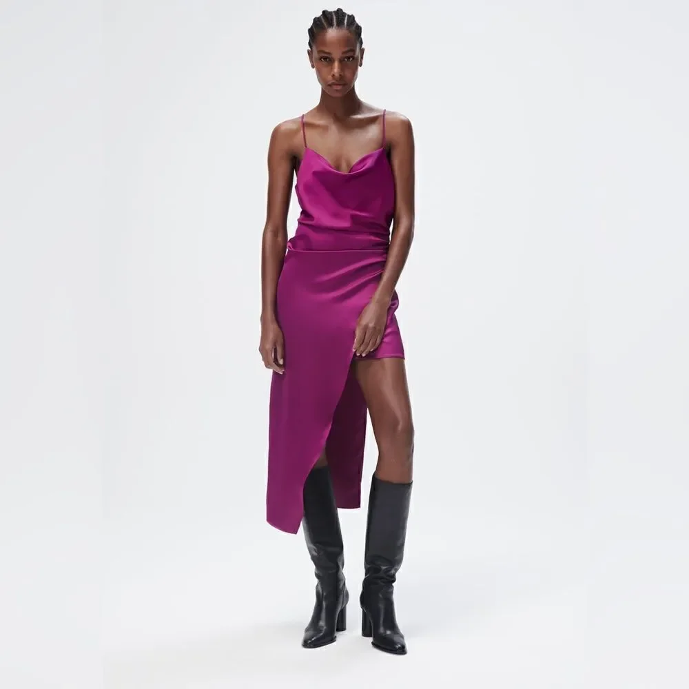 Zara SATIN EFFECT ASYMMETRIC DRESS New - Picture 3 of 12